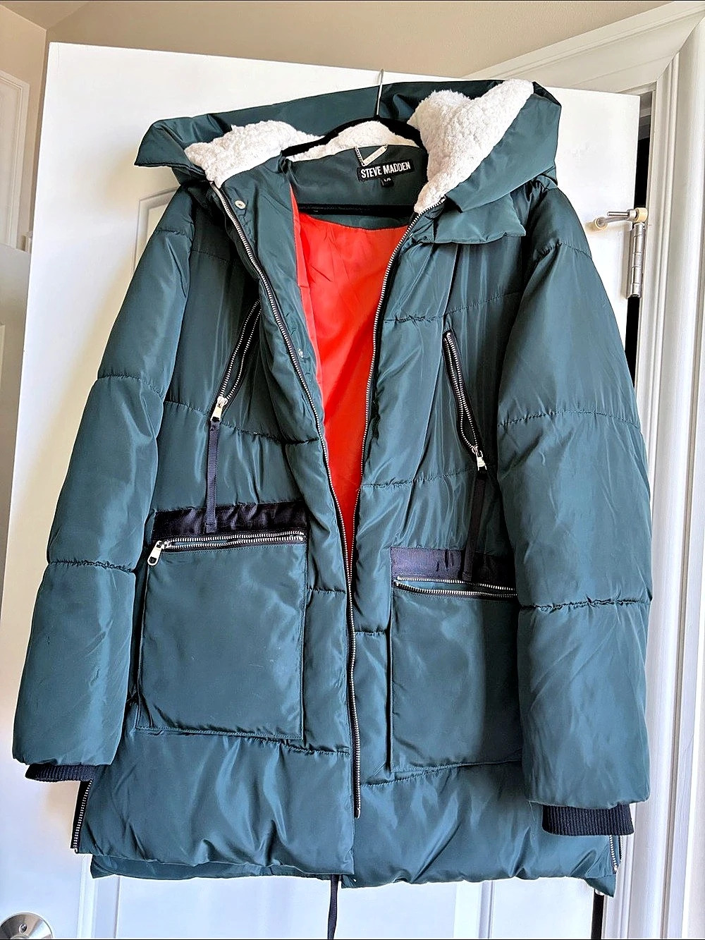 Steve Madden Faux Fur Lined Quilted Parka Puffer Coat Green & Red orange